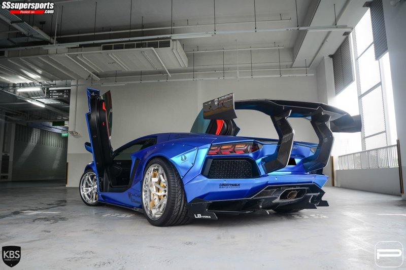 6-chrome-blue-liberty-walk-lamborghini-aventador-pur-wheels-rear-side-angle-doors-up